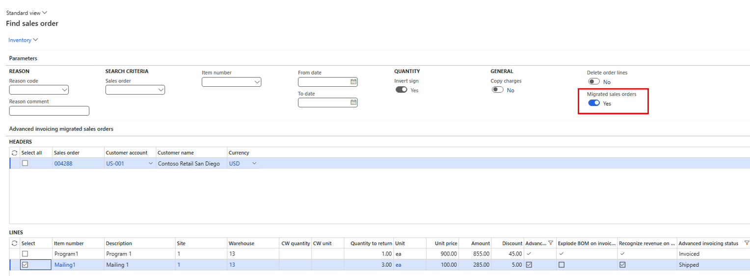 Screen capture displaying the Find sales order page with the Migrated sales order switch highlighted and also displaying the Advanced invoicing migrated sales orders FastTab.